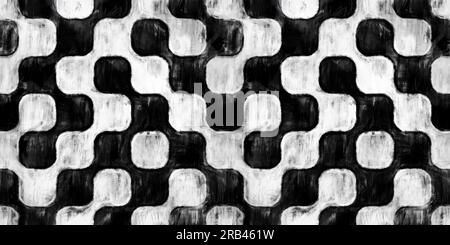 Nahtloses MCM Mid-Century-Design mit modernen Retro-Quadraten im Labyrinth-Design. Schwarzer und weißer chaotischer künstlerischer Acryllack-Hintergrund. Handbemalte Vin Stockfoto