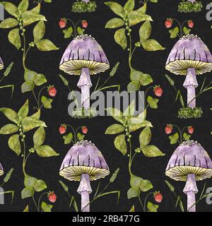 Wasserfarbenes, Nahtloses Muster Mit Pilzbeeren. Violetter Pilz mit wilden Erdbeeren und Pflanzenzweigen. Von Hand gemalte Darstellung der Wald-Natur. Stockfoto