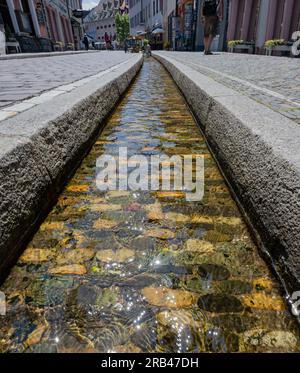 Freiburger Rundlauf (Freiburger Bächle) - künstliche Wasserläufe in den meisten Straßen und Gassen der Altstadt. Baden Wuerttember Stockfoto