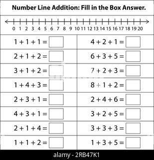 Mathematisches Arbeitsblatt für Kinder. Addition. Seite für mathematische Aktivität mit. Ergebnisvorlage berechnen und schreiben. Vektordarstellung Stock Vektor