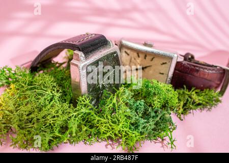 Zwei generische Armbanduhren auf grüner Flechte mit Wasser bestreut, Widerstandskonzept, Soft Focus Nahaufnahme Stockfoto