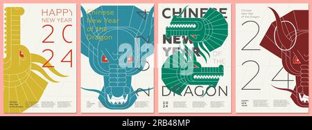 Abstrakte chinesische Drachen auf 2024-Plakaten zum frohen Neujahr. Farbige kreative China Zodiac Drachen Monster Gesichter auf Flyern. Asiatische Grafik farbenfrohe Drucke. Moderne, moderne orientalische Gemälde Stock Vektor