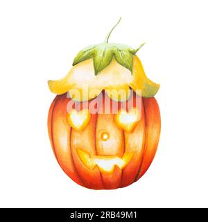 Aquarell halloween Kürbis mit Hut. Fröhliche magische Handmalerei für Urlaub isoliert auf weißem Hintergrund. Für Designer, Dekoration, Shop, Post Stockfoto