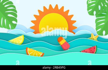 Meereswellen und tropische Blätter im Papierkunststil. Poster mit Sommerferien in Papierform. Vektor Stock Vektor