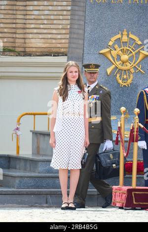 Saragossa, Aragon, Spanien. 7. Juli 2023. Crown Princess Leonor nimmt am 7. Juli 2023 in Saragossa, Spanien, an der Präsentation der königlichen Arbeitslosendienste in der General Military Academy Teil (Kreditbild: © Jack Abuin/ZUMA Press Wire), NUR REDAKTIONELLER GEBRAUCH! Nicht für den kommerziellen GEBRAUCH! Stockfoto