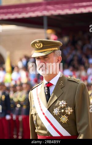 Saragossa, Aragon, Spanien. 7. Juli 2023. König Felipe VI. Von Spanien nimmt an der Präsentation der königlichen Arbeitslosendienste an der General Military Academy der General Military Academy am 7. Juli 2023 in Saragoza, Spanien Teil (Kreditbild: © Jack Abuin/ZUMA Press Wire) NUR REDAKTIONELLE VERWENDUNG! Nicht für den kommerziellen GEBRAUCH! Stockfoto