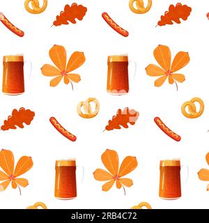 Genießen Sie ein nahtloses oktoberfest-Bier, Brezzel, Würstchen, Eiche und Becher. Vektordarstellung Stock Vektor