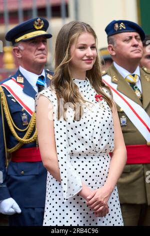 Saragossa, Aragon, Spanien. 7. Juli 2023. Crown Princess Leonor nimmt am 7. Juli 2023 in Saragossa, Spanien, an der Präsentation der königlichen Arbeitslosendienste in der General Military Academy Teil (Kreditbild: © Jack Abuin/ZUMA Press Wire), NUR REDAKTIONELLER GEBRAUCH! Nicht für den kommerziellen GEBRAUCH! Stockfoto