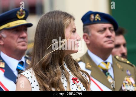 Saragossa, Aragon, Spanien. 7. Juli 2023. Crown Princess Leonor nimmt am 7. Juli 2023 in Saragossa, Spanien, an der Präsentation der königlichen Arbeitslosendienste in der General Military Academy Teil (Kreditbild: © Jack Abuin/ZUMA Press Wire), NUR REDAKTIONELLER GEBRAUCH! Nicht für den kommerziellen GEBRAUCH! Stockfoto