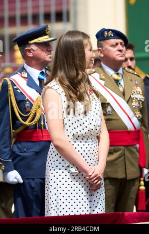 Saragossa, Aragon, Spanien. 7. Juli 2023. Crown Princess Leonor nimmt am 7. Juli 2023 in Saragossa, Spanien, an der Präsentation der königlichen Arbeitslosendienste in der General Military Academy Teil (Kreditbild: © Jack Abuin/ZUMA Press Wire), NUR REDAKTIONELLER GEBRAUCH! Nicht für den kommerziellen GEBRAUCH! Stockfoto