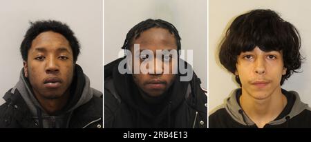 Composite aus unbefristeten Handout Fotos der Metropolitan Police von (von links nach rechts) Shiroh Ambersley, Rashid Gedel und Harvey Canavan, Die im Old Bailey für die Ermordung von Sven Badzak, 22, verurteilt wurden, einem aufstrebenden Anwalt, der in einem Fall von falscher Identität erstochen wurde, als er von einer Reise nach Waitrose in Kilburn, Nordwesten Londons, zurückkehrte. Gedel, 22, aus Ilford, und Ambersley, 22, Aus Wembley, wurden des Mordes für schuldig befunden, und Canavan, 19, aus Maida Vale, beklagte sich des Totschlags und der rechtswidrigen Verwundung schuldig. Ausgabedatum: Freitag, 7. Juli 2023. Stockfoto