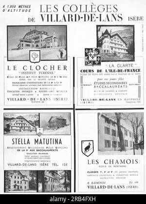 Les Collèges de Villard-de-Lans Isère Werbung in einem französischen Magazin 1950. Region Auvergne-Rhône-Alpes im Südosten Frankreichs Stockfoto