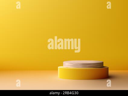Moderner und eleganter gelber Studioraum mit minimalistischem Holzpodium, perfekt zur Präsentation Ihrer Produkte. Dieses realistische 3D-Modell aus Stock Vektor