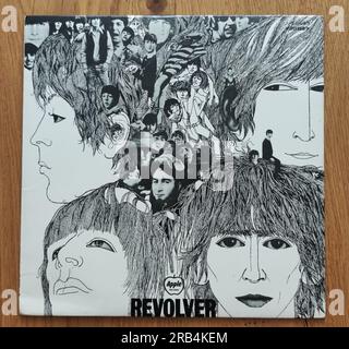 Das siebte Studioalbum der Beatles 1966 Revolver Schallplatten-Design aus nächster Nähe Stockfoto