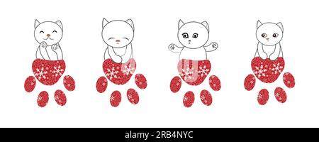 Süße Katzen mit Pfotenmuster aus Schneeflocken, rotes weihnachtsbanner Stock Vektor