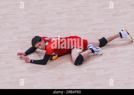 Pasay City, Philippinen. 7. Juli 2023. Takahashi Ran of Japan tritt während des Pool 6-Spiels zwischen den Niederlanden und Japan bei der Men's Volleyball Nations League in Pasay City, Philippinen, am 7. Juli 2023 an. Kredit: Rouelle Umali/Xinhua/Alamy Live News Stockfoto