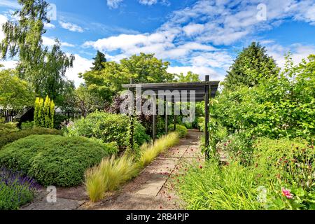 Inverness Botanic Gardens Schottland Holzpergola im Garten mit Gräsern und Apfelbäumen Stockfoto