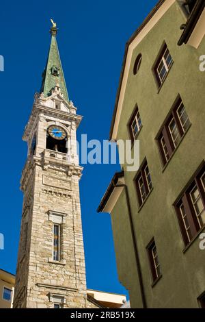 Glockenturm Evangelische kirke. St. Moritz. Die Schweiz Stockfoto