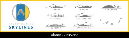 Kanarische Skyline, Silhouetten von Teneriffa, La Palma, Gran Canaria, Fuerteventura, Lanzarote, El Hierro. Spanische Tropenreiseziele. Stock Vektor