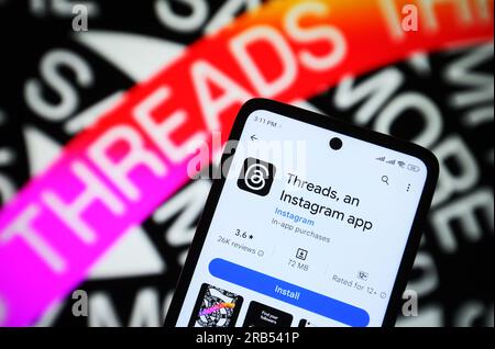 7. Juli 2023, Ukraine: In dieser Fotoabbildung wird ein Thread-App-Logo auf einem Smartphone angezeigt. (Kreditbild: © Pavlo Gonchar/SOPA Images via ZUMA Press Wire) NUR REDAKTIONELLE VERWENDUNG! Nicht für den kommerziellen GEBRAUCH! Stockfoto