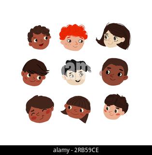 Süße Cartoon Kinder Avatare Set. Verschiedene Kindergesichter im einfachen handgezeichneten Stil, Vektorklipp-Illustration. Vektordarstellung Stock Vektor
