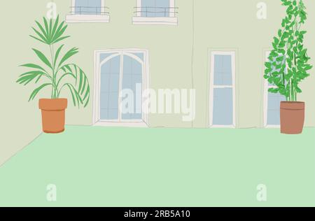 Stadtstraße mit Park und Gebäuden hinter Zaun. Vektor-Cartoon-Darstellung der Sommerlandschaft mit Straße, Bürgersteig, grünen Büschen und Bäumen und Häusern am Horizont. Vektordarstellung Stock Vektor