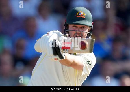 Australiens Travis Head im Schlagkampf am zweiten Tag des dritten Ashes-Testspiels in Headingley, Leeds. Bilddatum: Freitag, 7. Juli 2023. Stockfoto