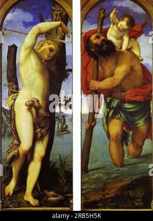 Die Flügel eines Triptychus Sebastian, St. Christopher 1531; Italien von Lorenzo Lotto Stockfoto