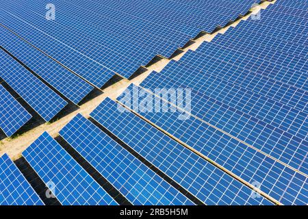 Luftaufnahme über Sonnenkollektoren von Photovoltaik-Kraftwerk / Solarpark für die Stromversorgung Stockfoto