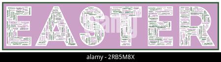 OSTERTEXT gefüllt mit zugehörigen Schlüsselwörtern verschiedener Größen. Osterwortwolke. Saubere Vektordarstellung. Stock Vektor