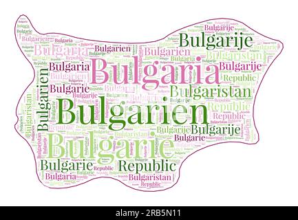 Bulgarische Form mit Ländernamen in vielen Sprachen. Bulgarien Karte im Wortwolkenstil. Tolle Vektordarstellung. Stock Vektor