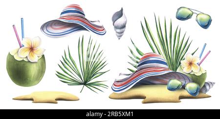 Gestreifter Sommerhut auf dem Sand mit Sonnenbrille, tropischen Palmenblättern, Cocktail in Kokosnuss und Muscheln. Aquarell, handgezeichnet Stockfoto