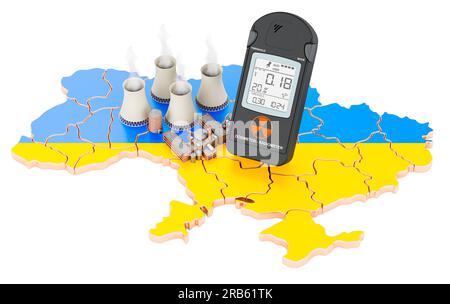 Kernkraftwerke auf ukrainischer Karte mit Strahlungsdosimeter, 3D-Rendering Stockfoto