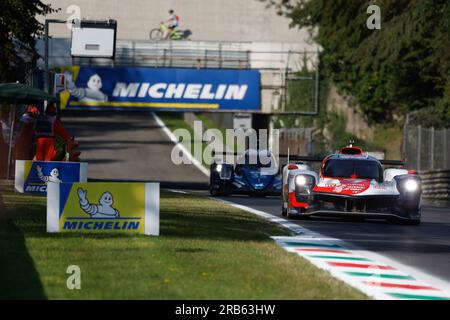 07 CONWAY Mike (gbr), KOBAYASHI Kamui (jpn), LOPEZ Jose Maria (arg), Toyota Gazoo Racing, Toyota GR010 - Hybrid, Action während der 6 Stunden Monza 2023., 3. Runde der FIA World Endurance Championship 2023, vom 7. Bis 9. Juli 2023 auf dem Autodrome Nazionale di Monza, Monza Italien Kredit: Independent Photo Agency Srl/Alamy Live News Stockfoto