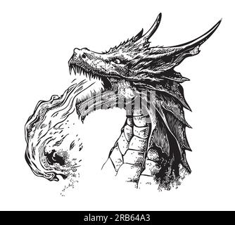 Drachen mystisches Atemfeuer, gezeichnet in Doodle-Style-Illustration Stock Vektor