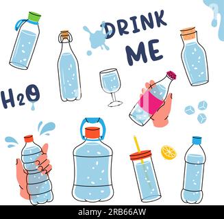 Wasserflaschen-Set. Trink mehr Wasser. Wasserflaschen aus Kunststoff. Gläser, Flaschen, Kanne, Becher, Flasche mit sauberem Wasser. Vektordarstellung. Stock Vektor