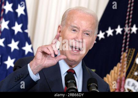 Washington, Usa. 07. Juli 2023. USA Präsident Joe Biden spricht am 7. Juli 2023 im Weißen Haus in Washington über die Senkung der Gesundheitskosten im East Room. Foto: Yuri Gripas/ABACAPRESS.COM Kredit: Abaca Press/Alamy Live News Stockfoto