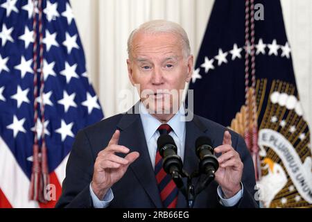 Washington, Usa. 07. Juli 2023. USA Präsident Joe Biden spricht am 7. Juli 2023 im Weißen Haus in Washington über die Senkung der Gesundheitskosten im East Room. Foto: Yuri Gripas/ABACAPRESS.COM Kredit: Abaca Press/Alamy Live News Stockfoto