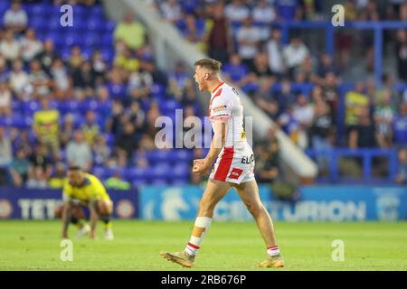 Warrington, Großbritannien. 07. Juli 2023. Jack Welsby #1 von St. Helens feiert während des Spiels der Betfred Super League Runde 18 Warrington Wolves gegen St Helens im Halliwell Jones Stadium, Warrington, Großbritannien, 7. Juli 2023 (Foto von Gareth Evans/News Images) in Warrington, Großbritannien, am 7./7. Juli 2023. (Foto: Gareth Evans/News Images/Sipa USA) Guthaben: SIPA USA/Alamy Live News Stockfoto