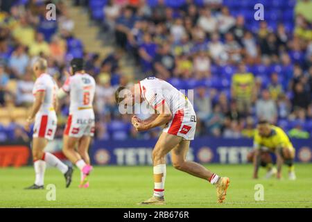 Warrington, Großbritannien. 07. Juli 2023. Jack Welsby #1 von St. Helens feiert während des Spiels der Betfred Super League Runde 18 Warrington Wolves gegen St Helens im Halliwell Jones Stadium, Warrington, Großbritannien, 7. Juli 2023 (Foto von Gareth Evans/News Images) in Warrington, Großbritannien, am 7./7. Juli 2023. (Foto: Gareth Evans/News Images/Sipa USA) Guthaben: SIPA USA/Alamy Live News Stockfoto