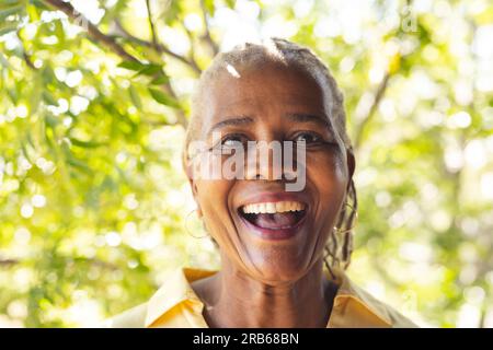 Porträt einer glücklichen afroamerikanerin in sonniger Natur. Senioren-Lebensstil, Entspannung, Ruhestand und Wohlbefinden in der Natur, unverändert. Stockfoto