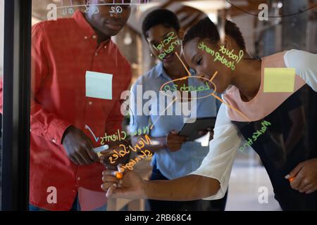 Glückliche afroamerikanische Kollegen, die sich Notizen an Glaswänden machen und über die Arbeit in einem Kreativbüro diskutieren. Business, Brainstorming und Teamarbeit, unverändert. Stockfoto