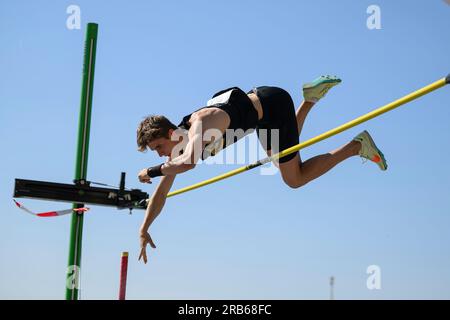 Louis PROEBSTLE (Probstle)(TSV Graefelfing) Action, Männer Stabhochsprung-Finale, am 7. Juli 2022 in Düsseldorf. Das Finale 2023 Rhein-Ruhr von 06,07 bis 09.07.2023 Stockfoto