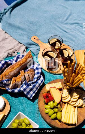 Nahaufnahme von blauen Decken mit Essen auf Schneidebrettern. Picknick, Zeit zur freien Verfügung, Getränke und Speisen, unveränderte Speisen. Stockfoto