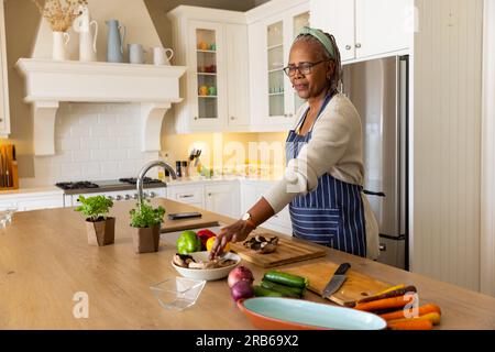 Glückliche ältere afroamerikanische Frau, die zu Hause in der Küche Gemüse zubereitete. Seniorenleben, Essen, Kochen, häusliches Leben und Ruhestand, unverändert. Stockfoto