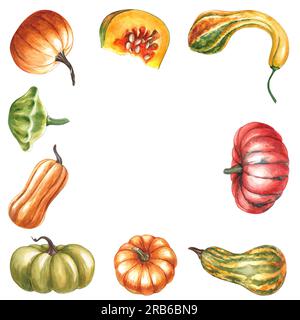 Kürbisrahmen. Von Hand gemalte Aquarelle, helle HerbstKürbisse. Komposition für die Gestaltung von Postkarten und Einladungen im Herbst Stockfoto