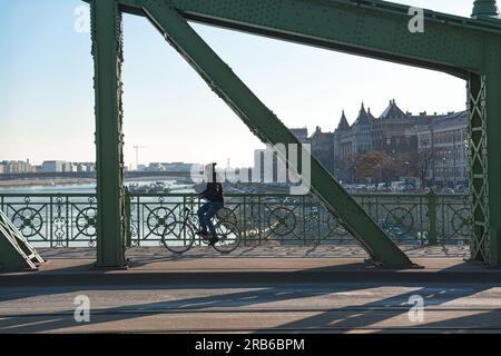 Budapest, Ungarn - 07. Januar 2019: Mann, der mit dem Fahrrad auf der Freiheitsbrücke über die Donau fährt Stockfoto