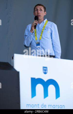 Mont de Marsan, Frankreich, 7. Juli 2023, ehemaliger Profiscist Dan Martin zu Beginn der Stufe 7, 170km, Mont de Marsan nach Bordeaux während der 110. Ausgabe der Tour de France. Kredit: Nick Phipps/Alamy Live News Stockfoto