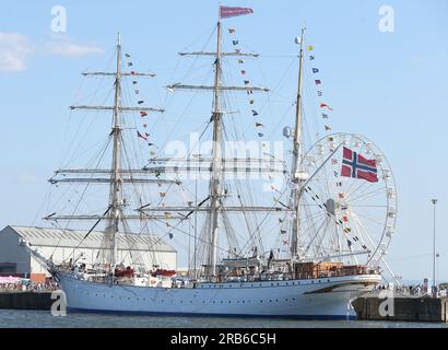 STATSRAAD LEHMKUHL legt am Freitag, den 7. Juli 2023, während des Tall Ships Race in Hartlepool, County Durham, England an. (Foto: Michael Driver | MI News) Guthaben: MI News & Sport /Alamy Live News Stockfoto