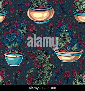 Landwirtschaftliche Arbeiten. Rosenbüsche in Form von süßen Corgi, nahtloses Muster mit Rosenbüschen in Form von Haustieren. Stock Vektor